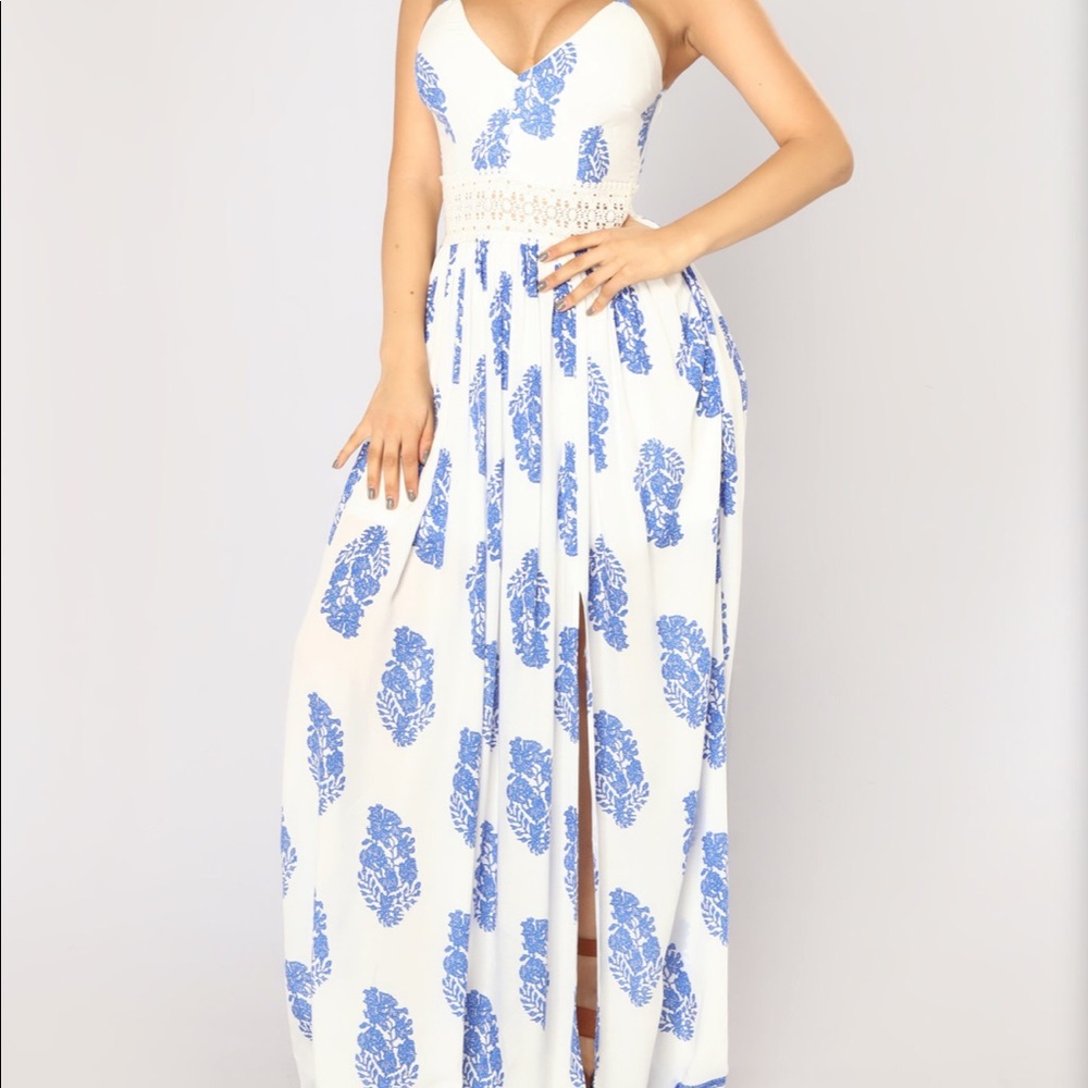 Fashion Nova-Holy Slit Dress - Ivory/Royal